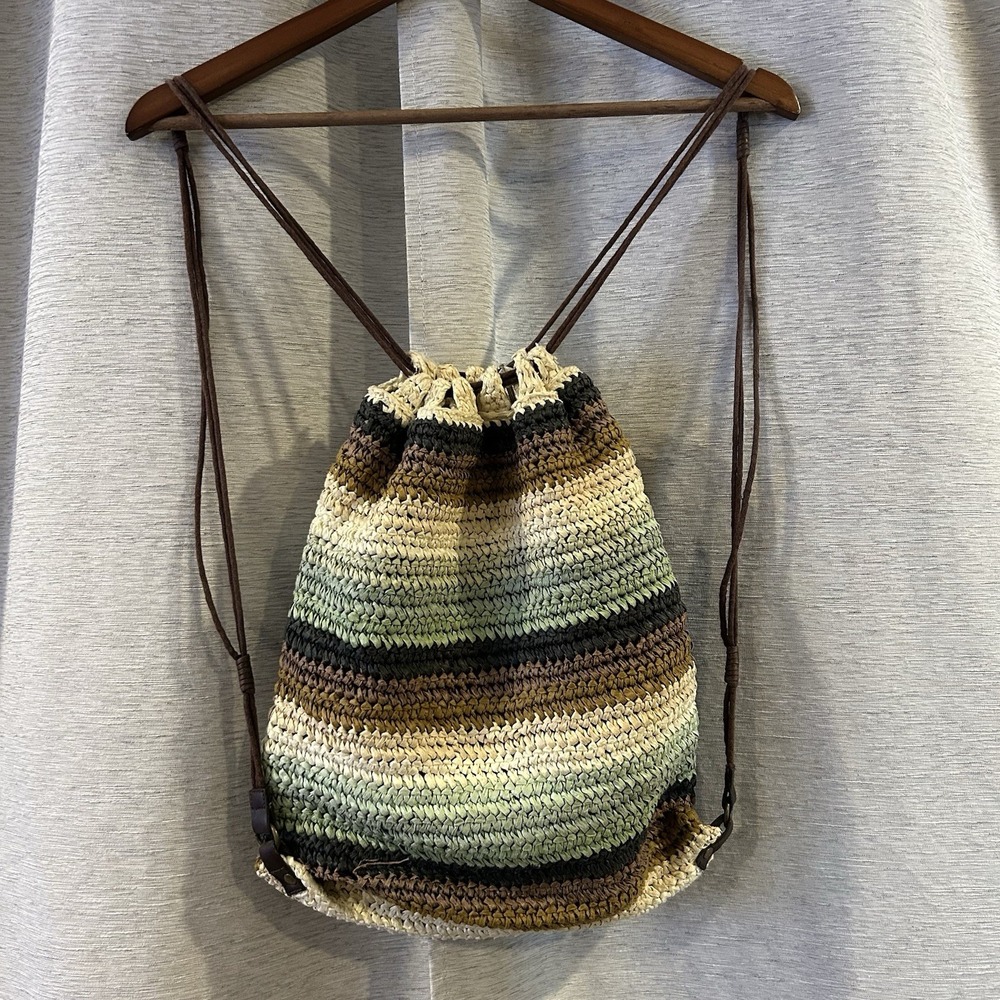 Old Navy Drawstring Backpack Purse Hemp Weave Raffia Paper Bag Coastal Beach Y2K